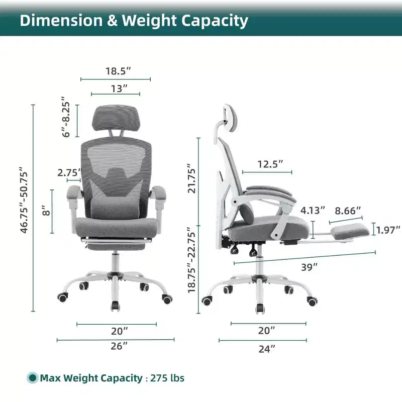 Chaise de bureau ergonomique avec repose-pieds rétractable, support lombaire et accoudoirs rembourrés, pivotante