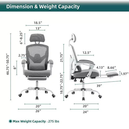 Chaise de bureau ergonomique avec repose-pieds rétractable, support lombaire et accoudoirs rembourrés, pivotante