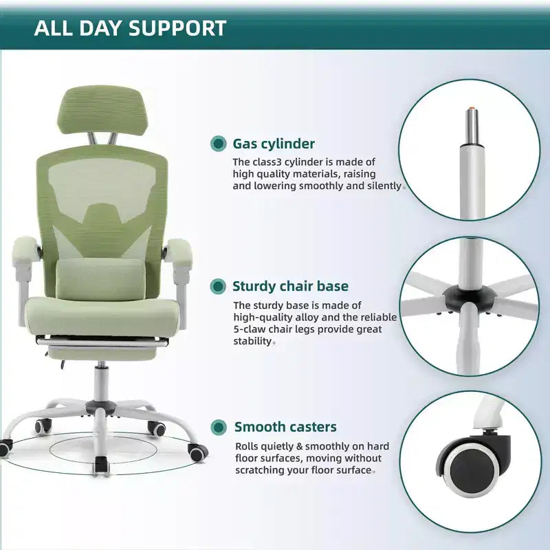 Chaise de bureau ergonomique avec repose-pieds rétractable, support lombaire et accoudoirs rembourrés, pivotante
