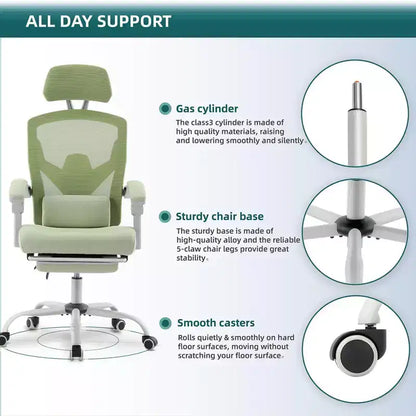 Chaise de bureau ergonomique avec repose-pieds rétractable, support lombaire et accoudoirs rembourrés, pivotante