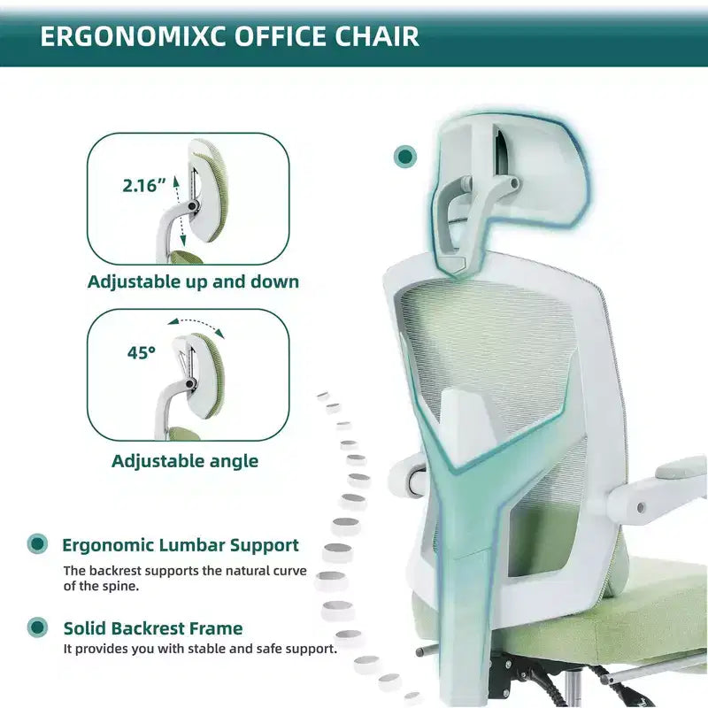 Chaise de bureau ergonomique avec repose-pieds rétractable, support lombaire et accoudoirs rembourrés, pivotante