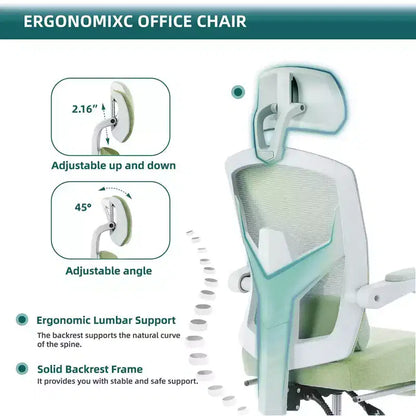 Chaise de bureau ergonomique avec repose-pieds rétractable, support lombaire et accoudoirs rembourrés, pivotante