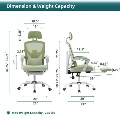 Chaise de bureau ergonomique avec repose-pieds rétractable, support lombaire et accoudoirs rembourrés, pivotante