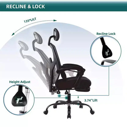 Chaise de bureau ergonomique avec repose-pieds rétractable, support lombaire et accoudoirs rembourrés, pivotante