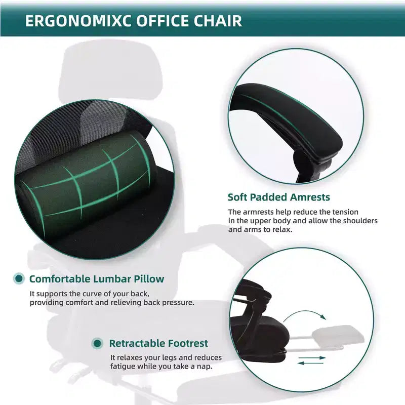 Chaise de bureau ergonomique avec repose-pieds rétractable, support lombaire et accoudoirs rembourrés, pivotante
