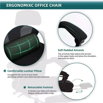 Chaise de bureau ergonomique avec repose-pieds rétractable, support lombaire et accoudoirs rembourrés, pivotante