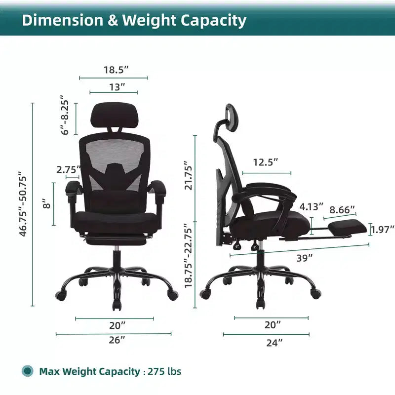 Chaise de bureau ergonomique avec repose-pieds rétractable, support lombaire et accoudoirs rembourrés, pivotante