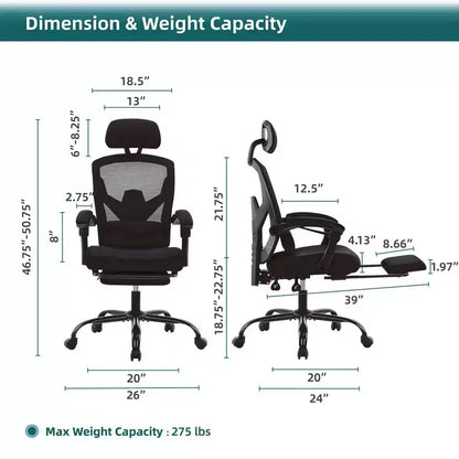 Chaise de bureau ergonomique avec repose-pieds rétractable, support lombaire et accoudoirs rembourrés, pivotante
