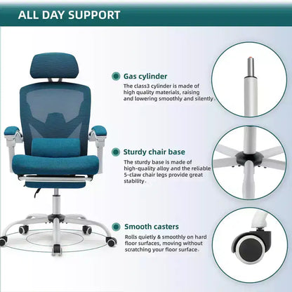 Chaise de bureau ergonomique avec repose-pieds rétractable, support lombaire et accoudoirs rembourrés, pivotante