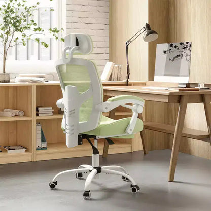 Chaise de bureau ergonomique avec repose-pieds rétractable, support lombaire et accoudoirs rembourrés, pivotante