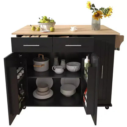 Îlot de cuisine avec organisateur de meuble coulissant à 3 niveaux, abattant et porte-ustensiles, chariot roulant