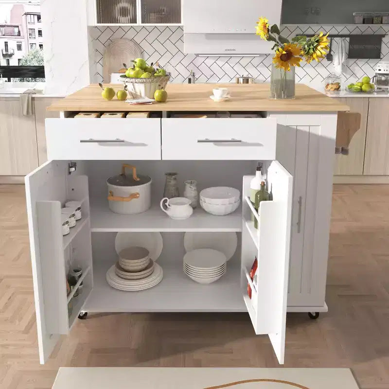 Îlot de cuisine avec organisateur de meuble coulissant à 3 niveaux, abattant et porte-ustensiles, chariot roulant