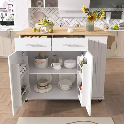 Îlot de cuisine avec organisateur de meuble coulissant à 3 niveaux, abattant et porte-ustensiles, chariot roulant