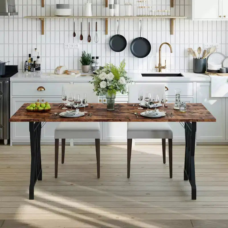 Table à manger de ferme avec base en métal, plateau en bois rustique pour salle à manger, restaurant et café
