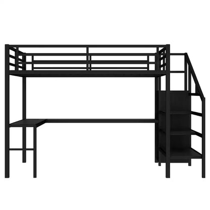 Lit mezzanine Queen avec bureau en L, armoire, port USB et LED, cadre métallique avec escalier de rangement