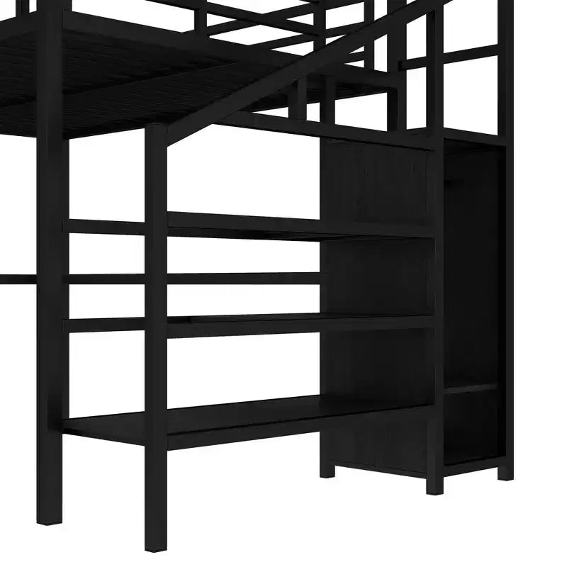 Lit mezzanine Queen avec bureau en L, armoire, port USB et LED, cadre métallique avec escalier de rangement