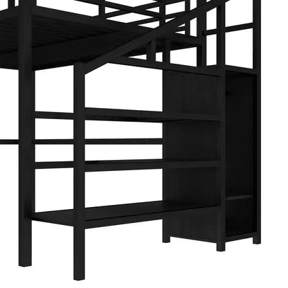 Lit mezzanine Queen avec bureau en L, armoire, port USB et LED, cadre métallique avec escalier de rangement