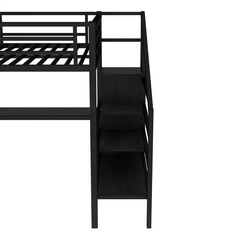 Lit mezzanine Queen avec bureau en L, armoire, port USB et LED, cadre métallique avec escalier de rangement