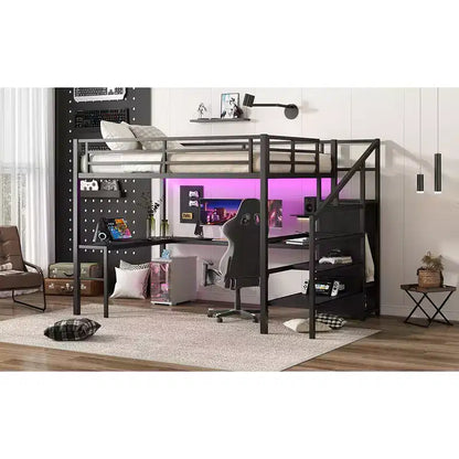 Lit mezzanine Queen avec bureau en L, armoire, port USB et LED, cadre métallique avec escalier de rangement