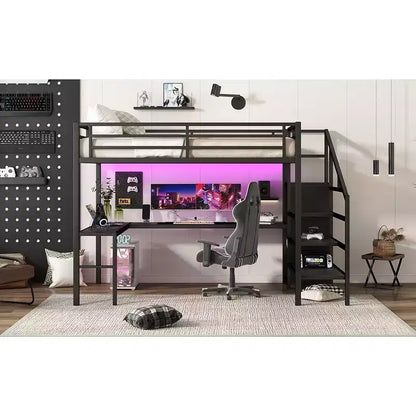 Lit mezzanine Queen avec bureau en L, armoire, port USB et LED, cadre métallique avec escalier de rangement