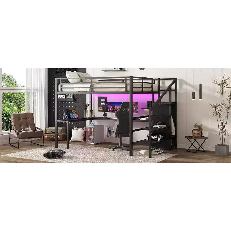 Lit mezzanine Queen avec bureau en L, armoire, port USB et LED, cadre métallique avec escalier de rangement