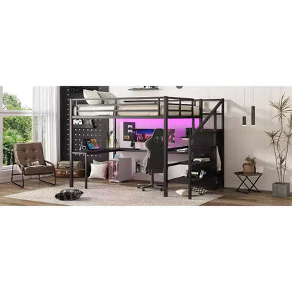 Lit mezzanine Queen avec bureau en L, armoire, port USB et LED, cadre métallique avec escalier de rangement