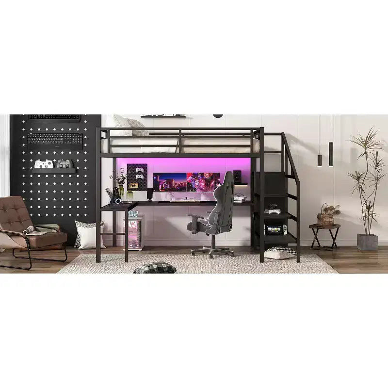 Lit mezzanine Queen avec bureau en L, armoire, port USB et LED, cadre métallique avec escalier de rangement