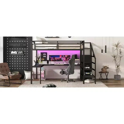 Lit mezzanine Queen avec bureau en L, armoire, port USB et LED, cadre métallique avec escalier de rangement