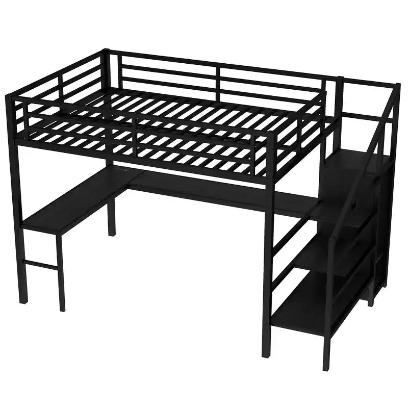Lit mezzanine Queen avec bureau en L, armoire, port USB et LED, cadre métallique avec escalier de rangement