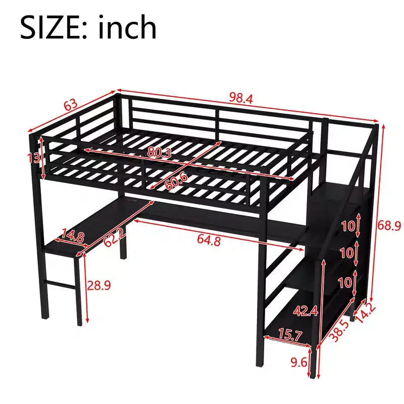 Lit mezzanine Queen avec bureau en L, armoire, port USB et LED, cadre métallique avec escalier de rangement