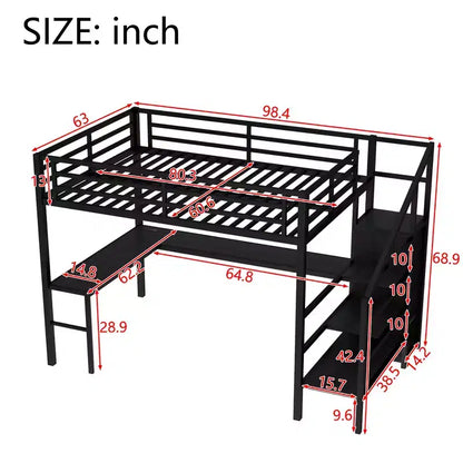 Lit mezzanine Queen avec bureau en L, armoire, port USB et LED, cadre métallique avec escalier de rangement