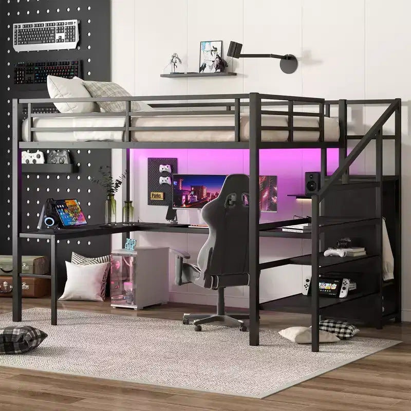 Lit mezzanine Queen avec bureau en L, armoire, port USB et LED, cadre métallique avec escalier de rangement