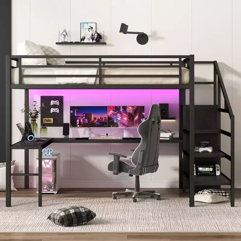Lit mezzanine Queen avec bureau en L, armoire, port USB et LED, cadre métallique avec escalier de rangement