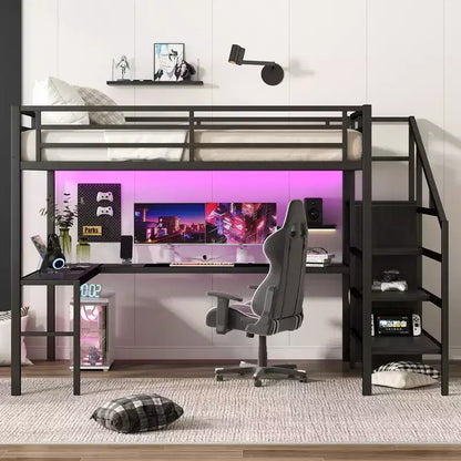 Lit mezzanine Queen avec bureau en L, armoire, port USB et LED, cadre métallique avec escalier de rangement