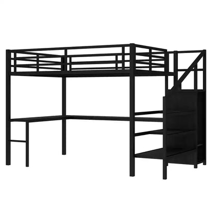 Lit mezzanine Queen avec bureau en L, armoire, port USB et LED, cadre métallique avec escalier de rangement