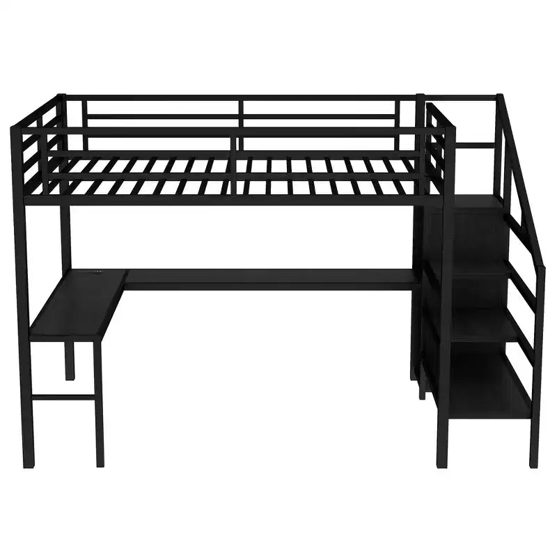 Lit mezzanine Queen avec bureau en L, armoire, port USB et LED, cadre métallique avec escalier de rangement