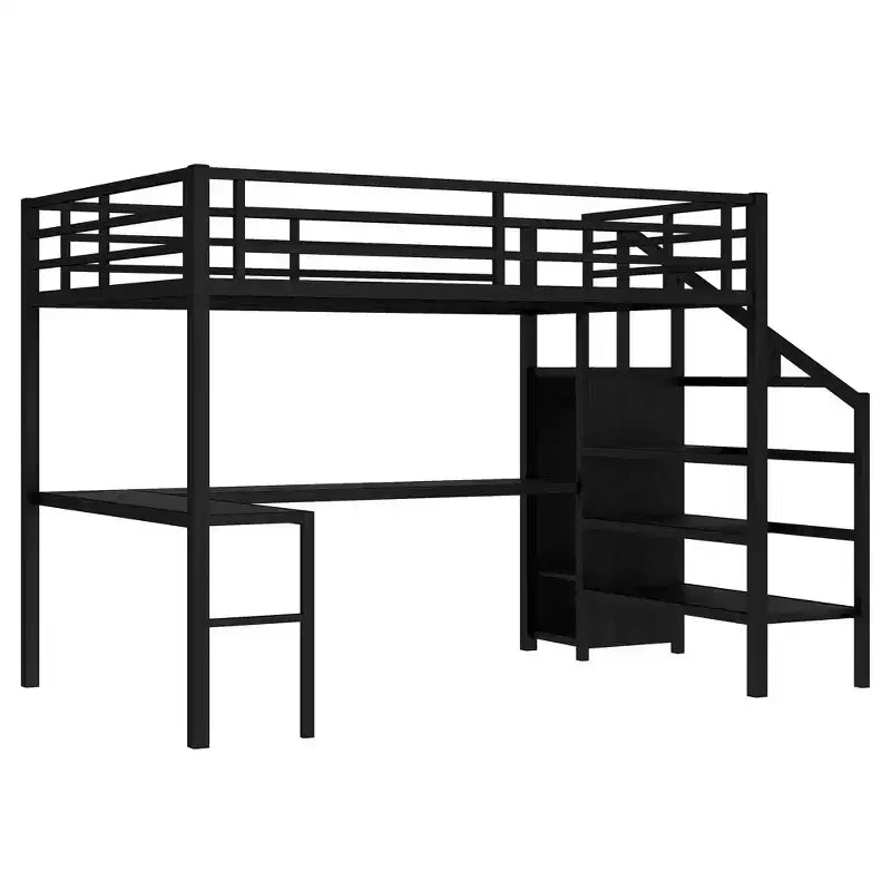 Lit mezzanine Queen avec bureau en L, armoire, port USB et LED, cadre métallique avec escalier de rangement