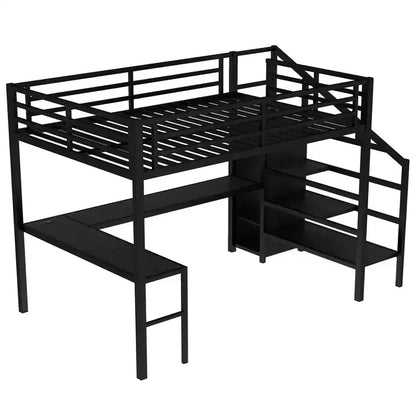 Lit mezzanine Queen avec bureau en L, armoire, port USB et LED, cadre métallique avec escalier de rangement