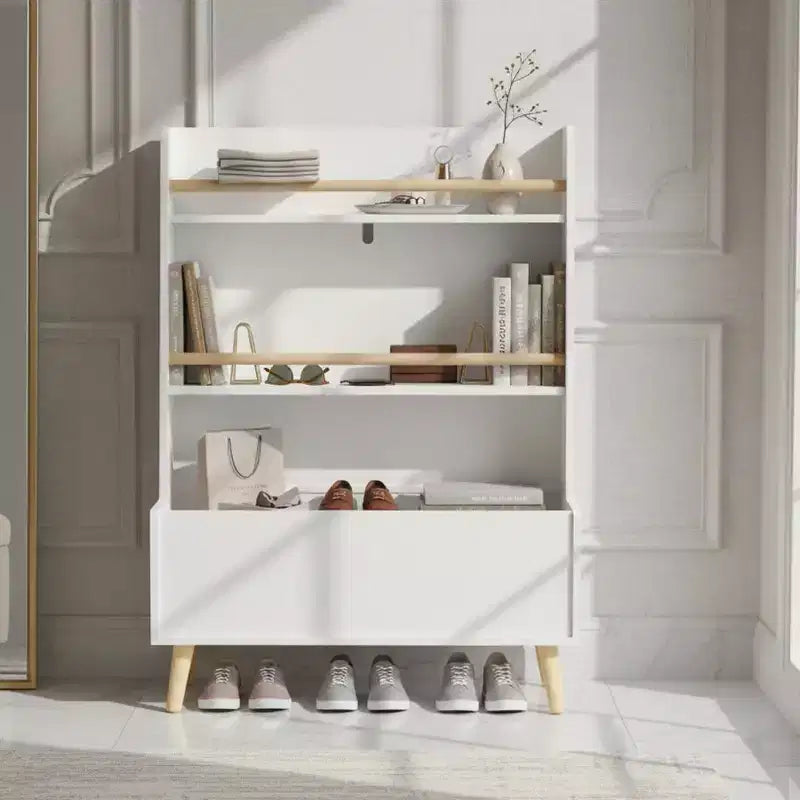 Étagère à livres pour enfants avec étagères ouvertes et bac de rangement, Bibliothèque blanche avec pieds en bois pour salle de jeux