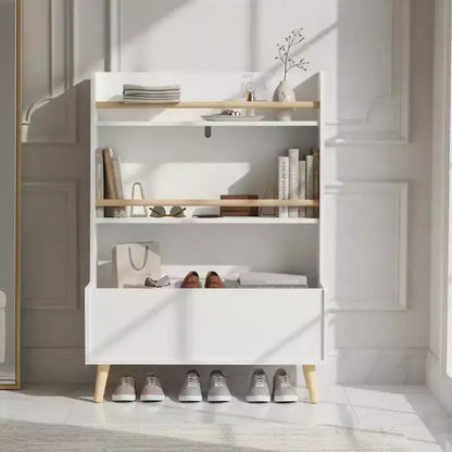 Étagère à livres pour enfants avec étagères ouvertes et bac de rangement, Bibliothèque blanche avec pieds en bois pour salle de jeux