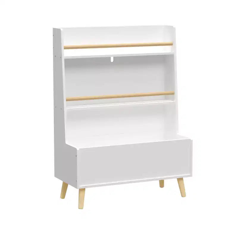 Étagère à livres pour enfants avec étagères ouvertes et bac de rangement, Bibliothèque blanche avec pieds en bois pour salle de jeux