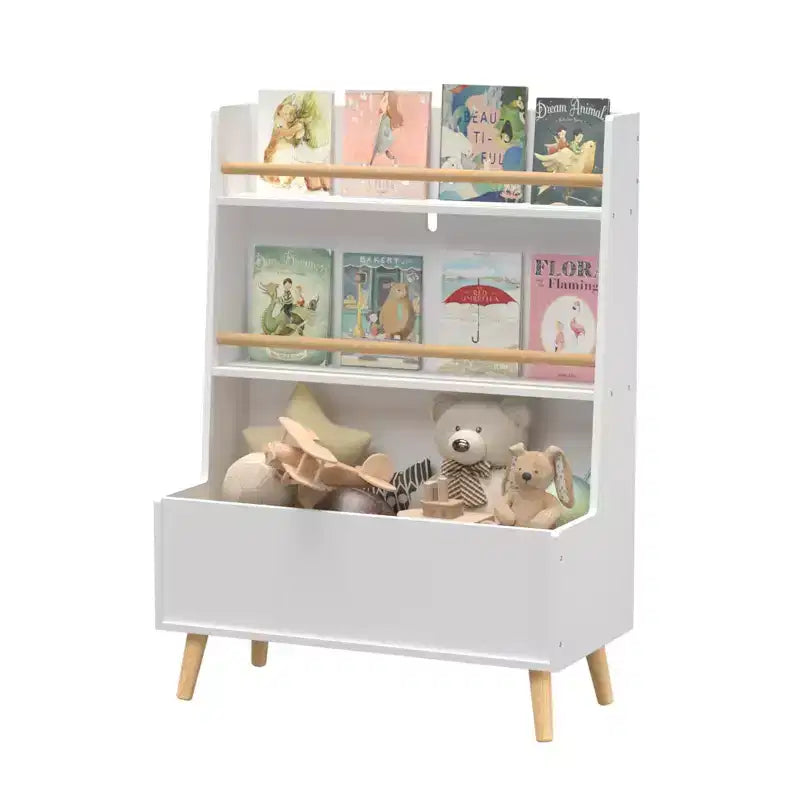 Étagère à livres pour enfants avec étagères ouvertes et bac de rangement, Bibliothèque blanche avec pieds en bois pour salle de jeux