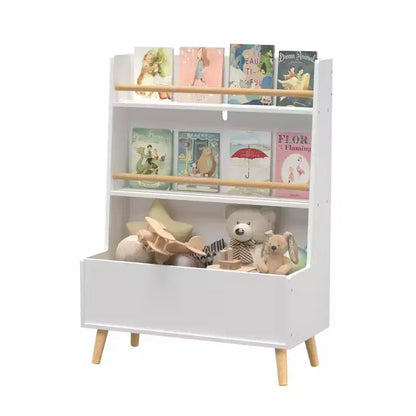 Étagère à livres pour enfants avec étagères ouvertes et bac de rangement, Bibliothèque blanche avec pieds en bois pour salle de jeux