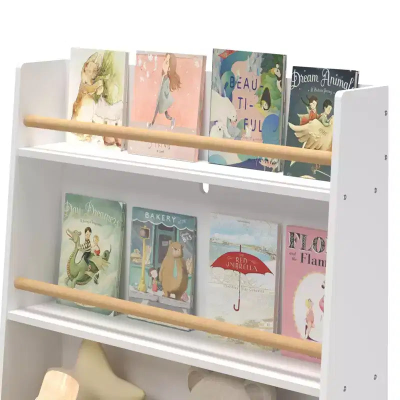 Étagère à livres pour enfants avec étagères ouvertes et bac de rangement, Bibliothèque blanche avec pieds en bois pour salle de jeux