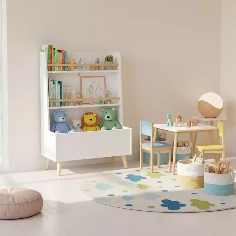Étagère à livres pour enfants avec étagères ouvertes et bac de rangement, Bibliothèque blanche avec pieds en bois pour salle de jeux