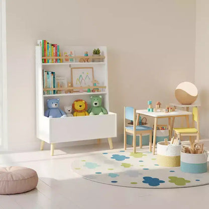 Étagère à livres pour enfants avec étagères ouvertes et bac de rangement, Bibliothèque blanche avec pieds en bois pour salle de jeux