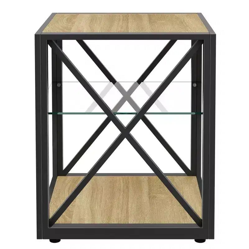 Table d'appoint industrielle moderne avec cadre en métal et étagère en verre trempé, salon et chambre