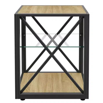 Table d'appoint industrielle moderne avec cadre en métal et étagère en verre trempé, salon et chambre