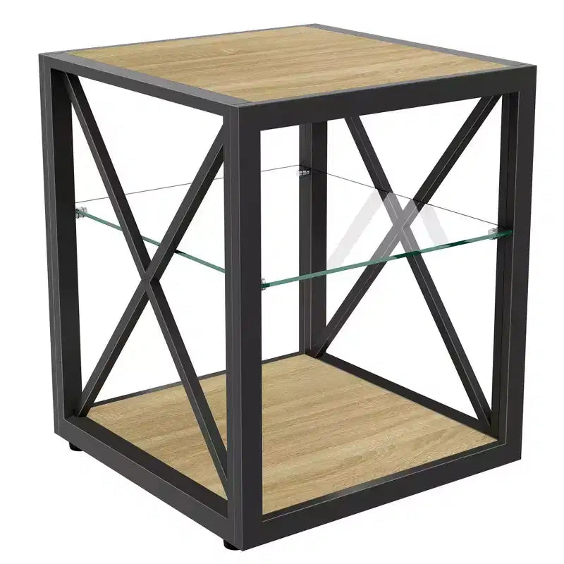 Table d'appoint industrielle moderne avec cadre en métal et étagère en verre trempé, salon et chambre