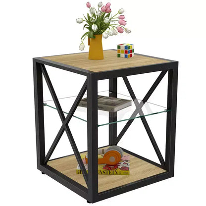 Table d'appoint industrielle moderne avec cadre en métal et étagère en verre trempé, salon et chambre